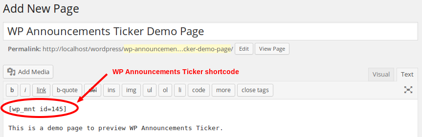 Announcements Ticker - Shortcode on page
