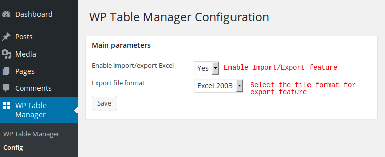WP Table Manager by JoomUnited - Config