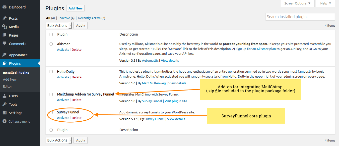 SurveyFunnel and MailChimp Add-on - Activate