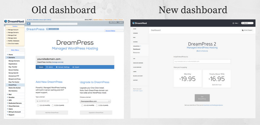 dreampress dashboard old and new