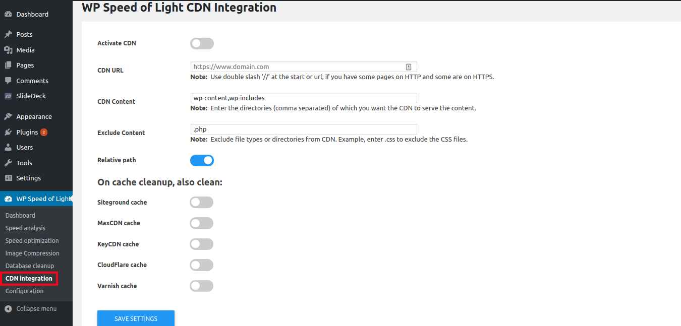 WP Speed of Light CDN integration