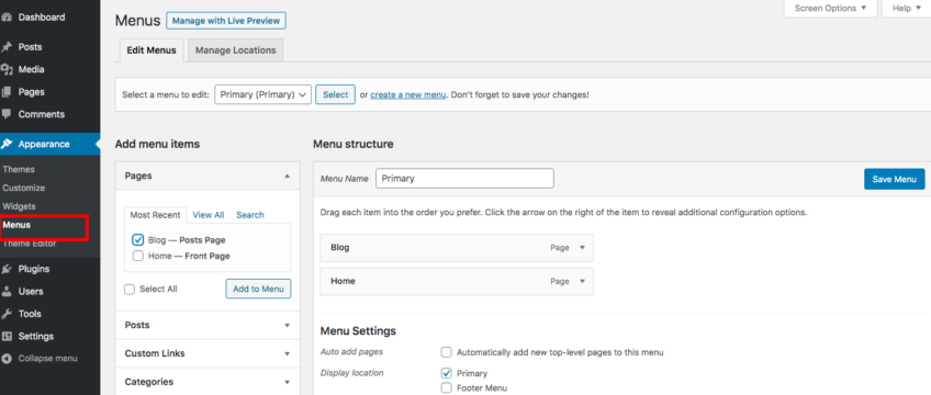 WordPress add blog page to menu