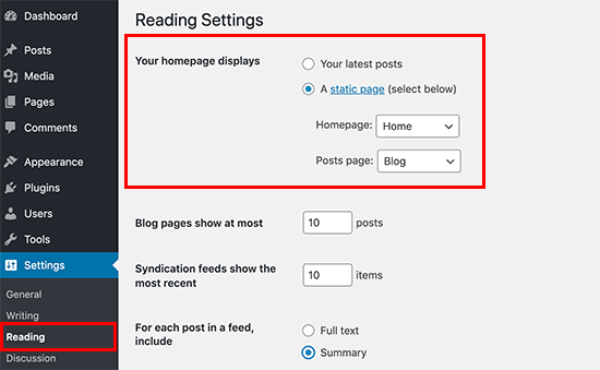 WordPress admin settings for blog page
